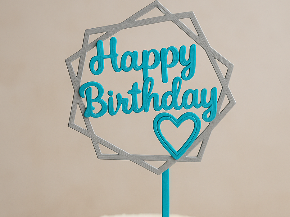Geometrik Kalp 'Happy Birthday' Pasta Topper (3D Baskı)
