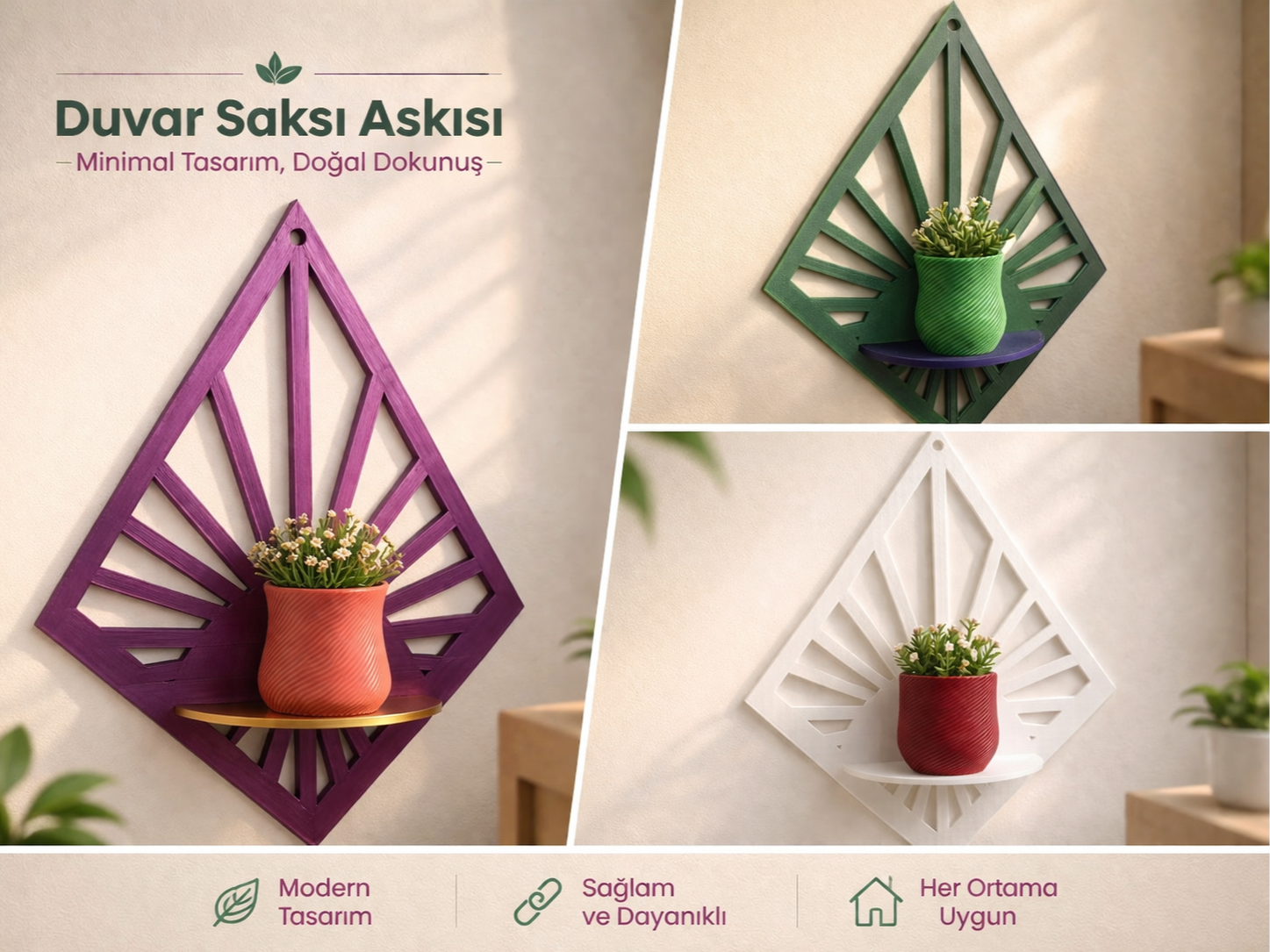 3'lü Duvar Saksılık Seti · Asılı Dekoratif Çiçeklik (3D Baskı)