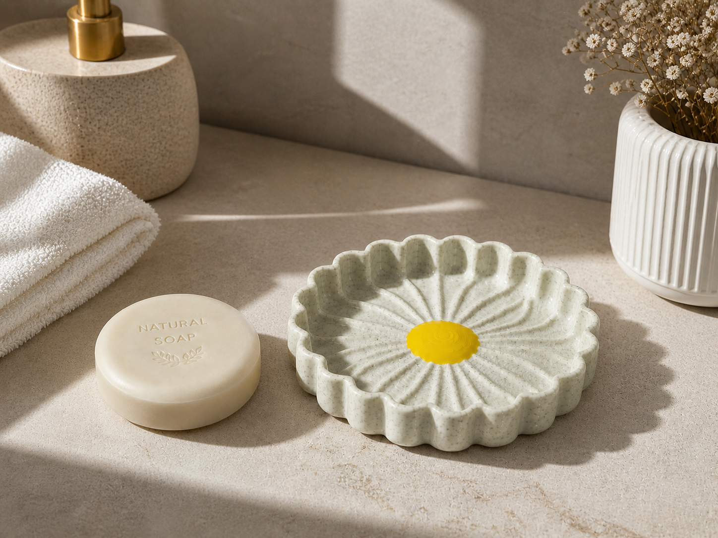 Papatya Sabunluk · Drenajlı Banyo Sabunluğu & Sünger Tutucu (3D Baskı)
